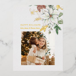 Elegant White Poinsettia and Pine Photo Folie Feestdagen Briefkaart