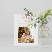 Elegant White Poinsettia and Pine Photo Folie Feestdagen Briefkaart (Staand Voorkant)