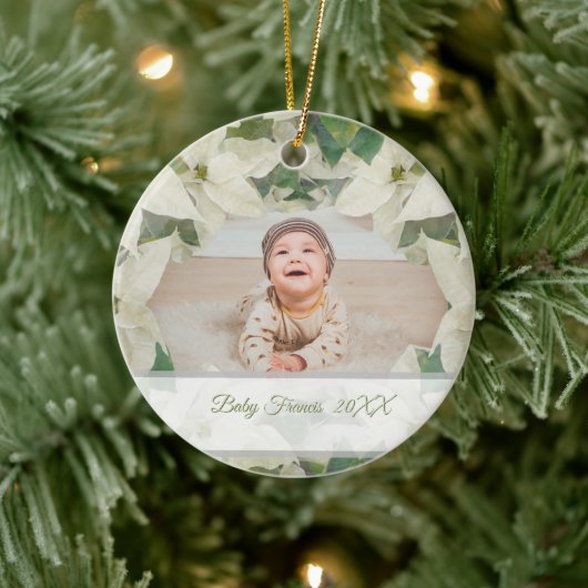 Elegant White Poinsettia Baby Photo Keramisch Ornament (Boom)