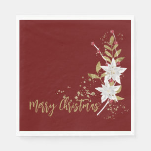Elegant White Poinsettia Burgundy Gold Glitter Servet