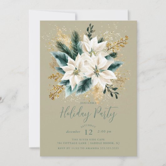 Elegant White Poinsettia Holiday Party Invite Kaart (Voorkant)