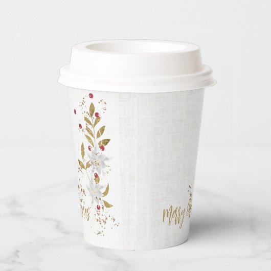 Elegant White Poinsettia Red Berries Gold Glitter Papieren Bekers (Rechts)