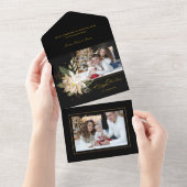 Elegant White Poinsettias w/Gold Greenery Foto All In One Uitnodiging (Afscheurbaar)