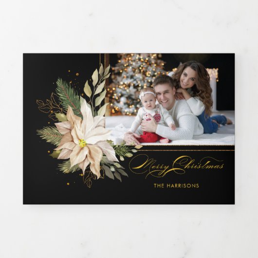 Elegant White Poinsettias w/Gold Greenery Foto Drieluik Wenskaart (Cover)