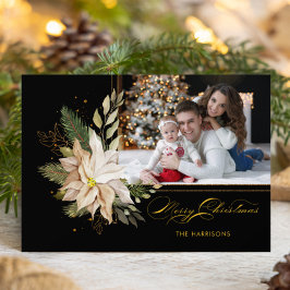 Elegant White Poinsettias w/Gold Greenery Foto Feestdagenkaart