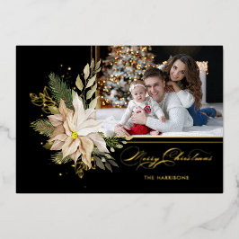 Elegant White Poinsettias w/Gold Greenery Foto Folie Feestdagenkaart