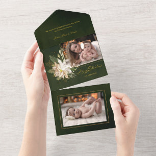 Elegant White Poinsettias w/Gold Greenery Photo Al All In One Uitnodiging