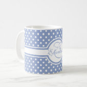 Elegant White Polka Dots on Blue Monogram Koffiemok (Voorkant links)