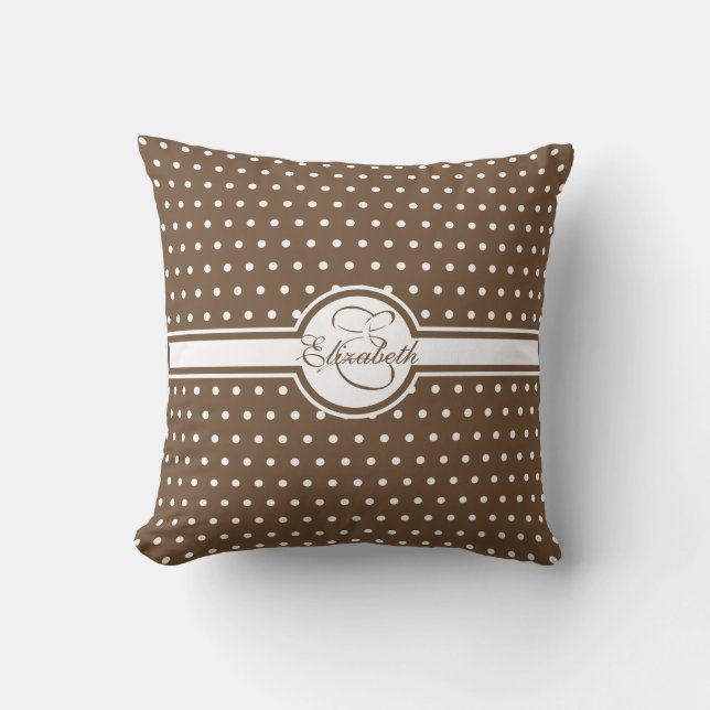 Elegant White Polka Dots on Brown Monogram Kussen (Voorkant)