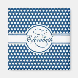 Elegant White Polka Dots on Classic Blue Monogram Magneet