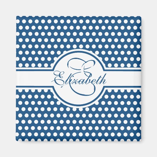 Elegant White Polka Dots on Classic Blue Monogram Magneet (Voorkant)