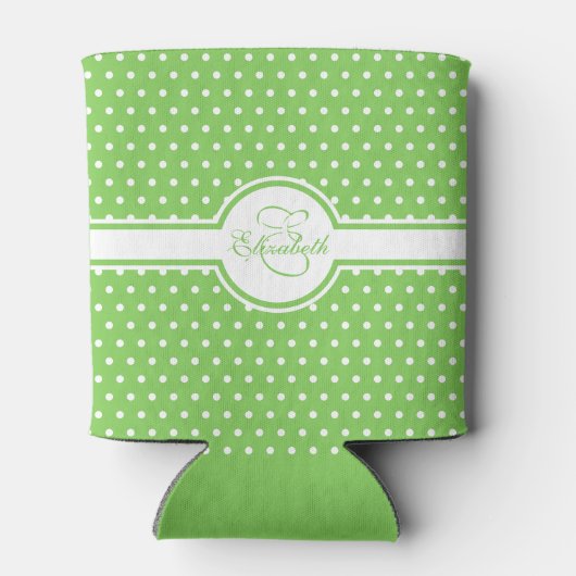 Elegant White Polka Dots on Green Monogram Blikjeskoeler (Achterkant)