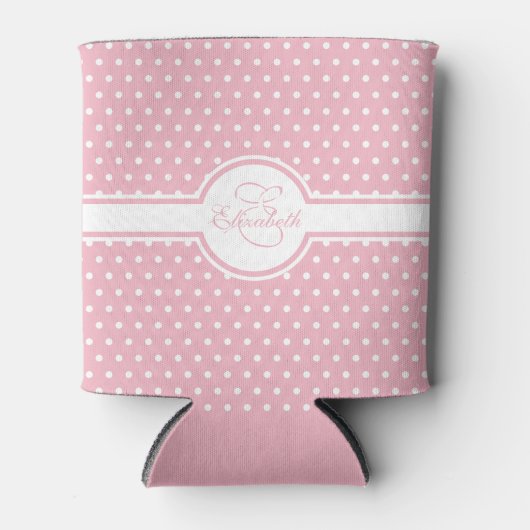 Elegant White Polka Dots on Pink Monogram Blikjeskoeler (Voorkant)