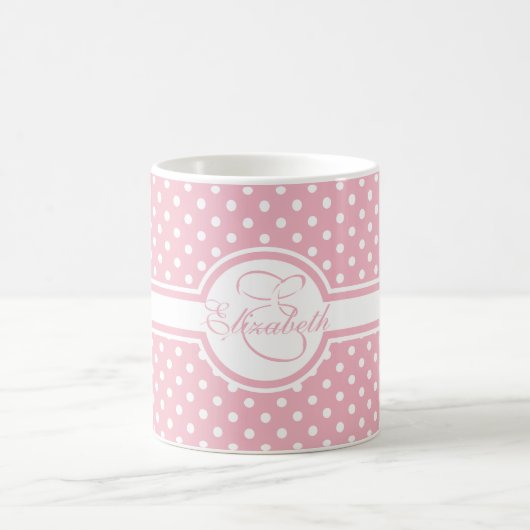 Elegant White Polka Dots on Pink Monogram Koffiemok (Center)