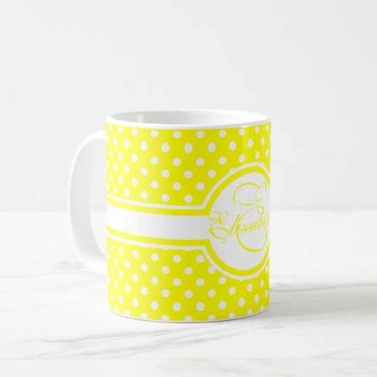 Elegant White Polka Dots on Yellow Monogram Koffiemok (Voorkant links)