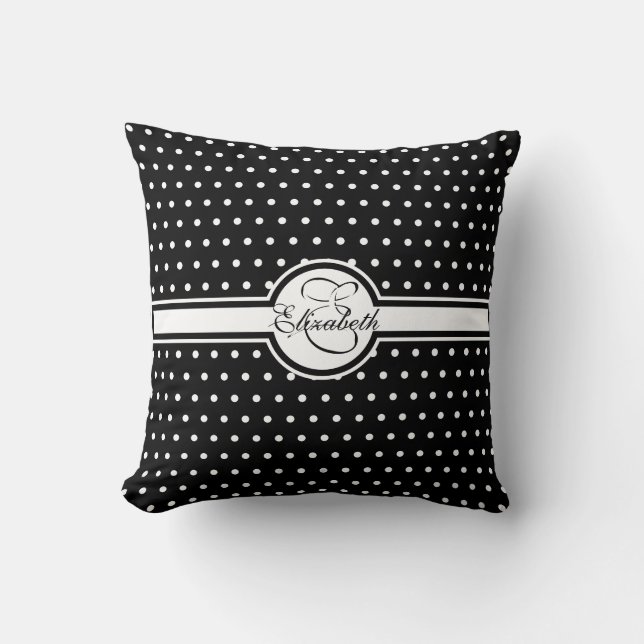 Elegant White Polka Dots op Black Monogram Kussen (Voorkant)