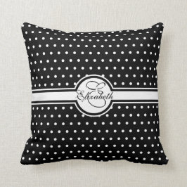 Elegant White Polka Dots op Black Monogram Kussen