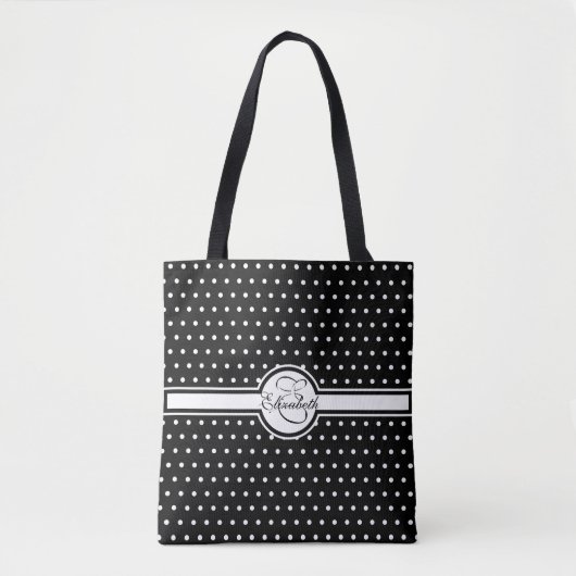 Elegant White Polka Dots op Black Monogram Tote Bag (Voorkant)
