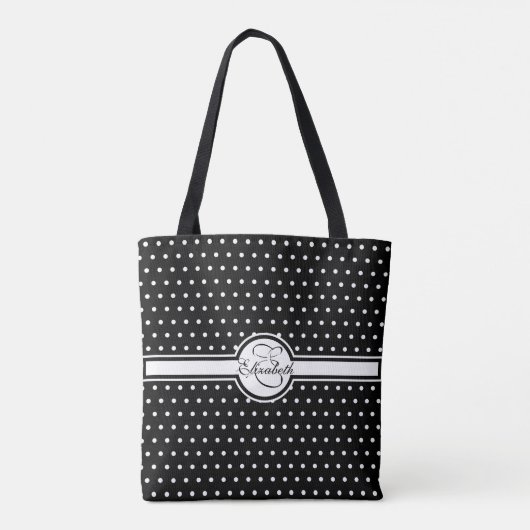 Elegant White Polka Dots op Black Monogram Tote Bag (Achterkant)