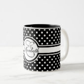 Elegant White Polka Dots op Black Monogram Tweekleurige Koffiemok (Voorkant rechts)