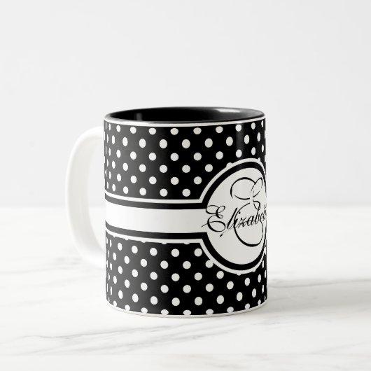 Elegant White Polka Dots op Black Monogram Tweekleurige Koffiemok (Voorkant links)