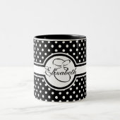 Elegant White Polka Dots op Black Monogram Tweekleurige Koffiemok (Center)