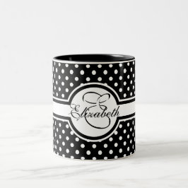 Elegant White Polka Dots op Black Monogram Tweekleurige Koffiemok