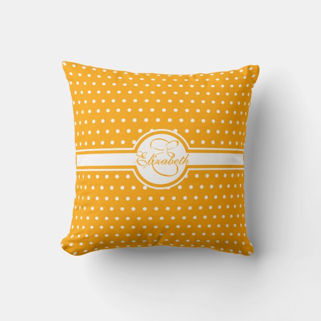 Elegant White Polka Dots op Oranje monogram Kussen (Voorkant)