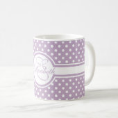 Elegant White Polka Dots op Paarse monogram Koffiemok (Voorkant rechts)