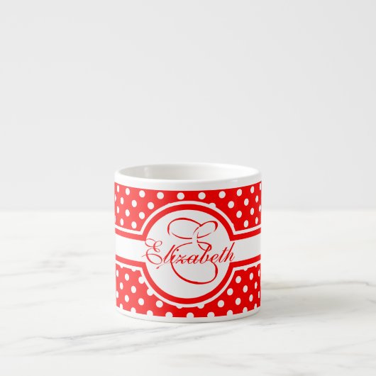 Elegant White Polka Dots op Red Monogram Espresso Kop (Voorkant)