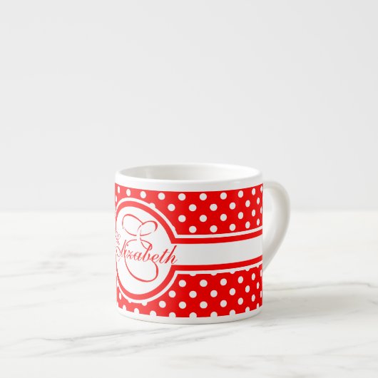Elegant White Polka Dots op Red Monogram Espresso Kop (Voorkant rechts)