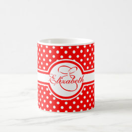 Elegant White Polka Dots op Red Monogram Koffiemok