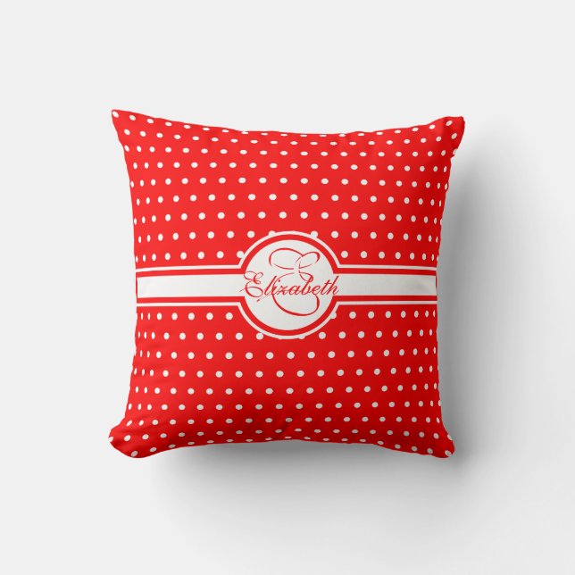 Elegant White Polka Dots op Red Monogram Kussen (Voorkant)