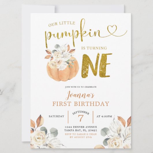 Elegant White Pumpkin Floral First Birthday Invite Kaart (Voorkant)