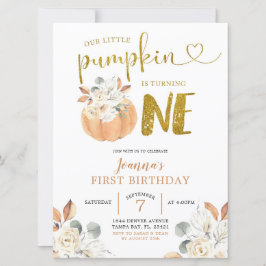 Elegant White Pumpkin Floral First Birthday Invite Kaart