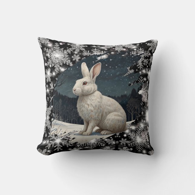 Elegant white rabbit Christmas snowflakes Kussen (Voorkant)