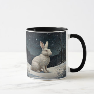 Elegant white rabbit Christmas snowy woodland Mok