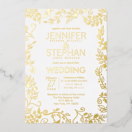 Elegant White Real Gold Floral Wedding Folie Uitnodiging (Voorkant)