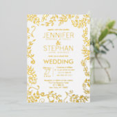 Elegant White Real Gold Floral Wedding Folie Uitnodiging (Staand Voorkant)