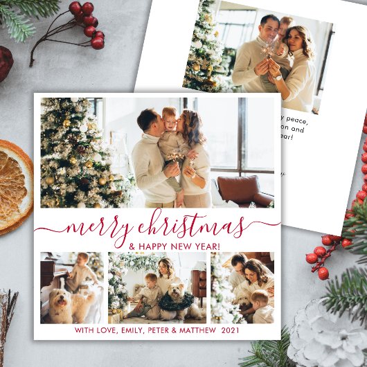 Elegant White Red 4 Foto Collage Kerstfeestje Feestdagenkaart