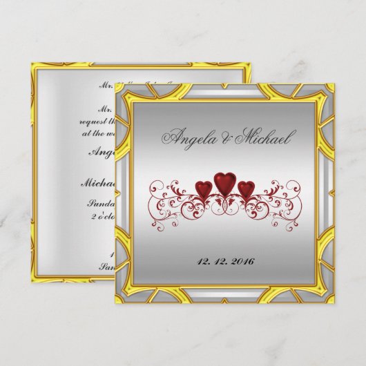 Elegant White Red Hearts Wedding Invitation Kaart (Voorkant / Achterkant)