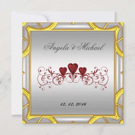 Elegant White Red Hearts Wedding Invitation Kaart (Voorkant)
