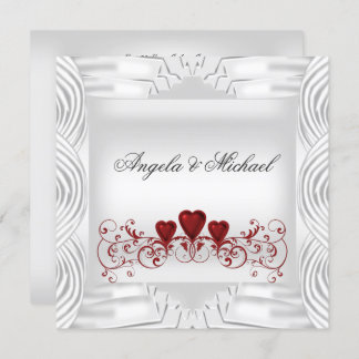 Elegant White Red Hearts Wedding Invitation Kaart