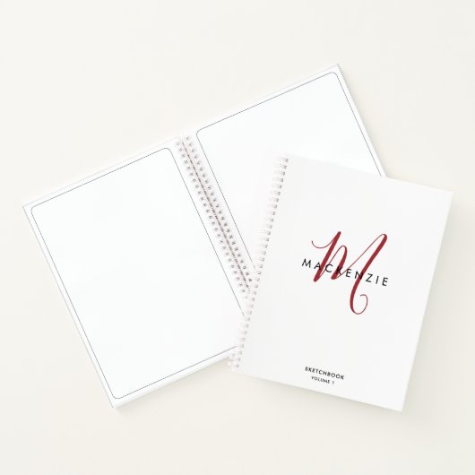 Elegant White Red Script Monogram Sketchbook Notitieboek (Binnen)