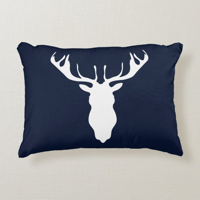 Elegant White Reindeer Silhouette over Navy Blue Accent Kussen (Voorkant)