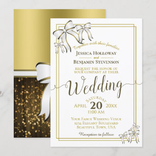 Elegant White Ribbons Gold Wedding Kaart