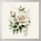 Elegant White Rose Botanical Greenery Neutral  Poster (Voorkant)