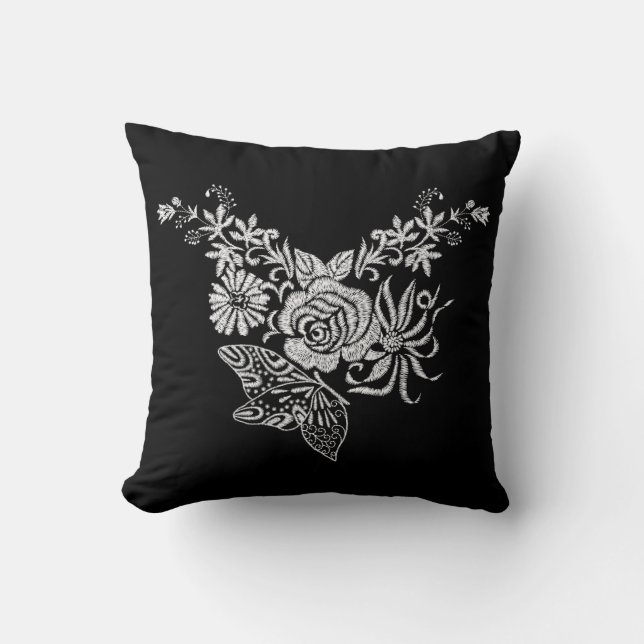 Elegant White Rose Butterfly Floral Kussen (Voorkant)