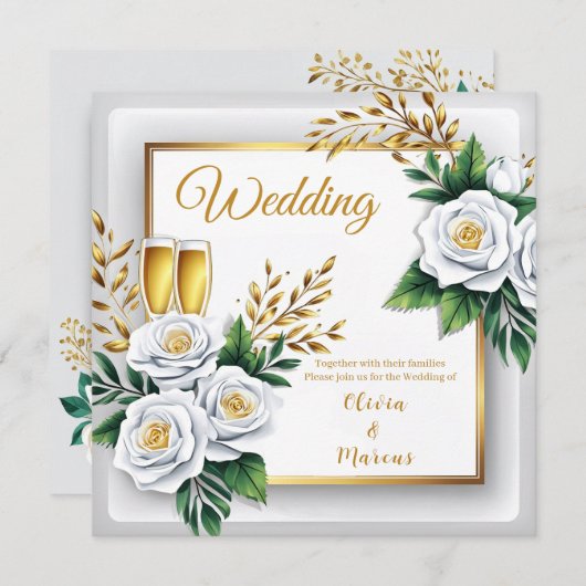Elegant White Rose & Champagne Gold Wedding Card (Voorkant / Achterkant)