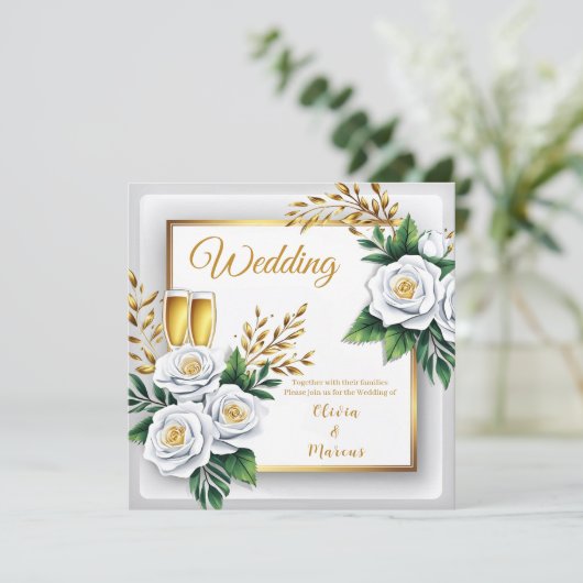 Elegant White Rose & Champagne Gold Wedding Card (Staand voorkant)